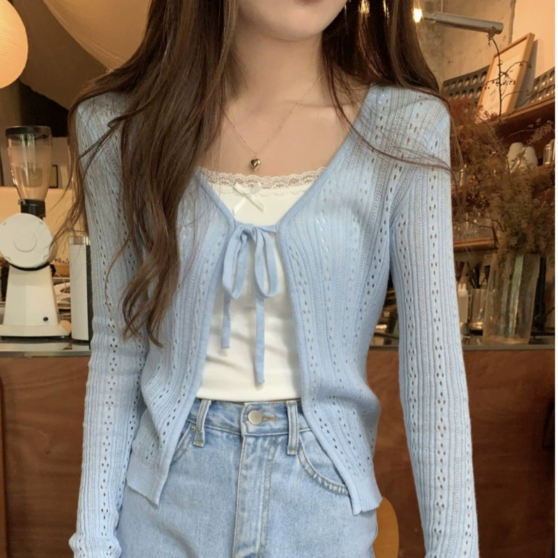 Тонкая вырезанная солнцезащитная рубашка на шнуровке для женщин, летний короткий вязаный кардиган с v-образным вырезом и белым модным топом