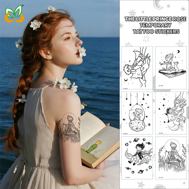 Cross-Border Little Prince Fox and Rose Tattoo Hand-Painted Lines Waterproof Long-Lasting Tattoo Sticker Tattoo Small Fresh