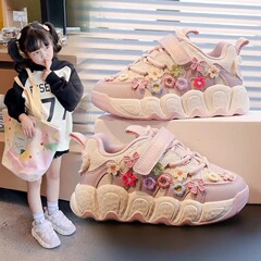 女の子用スポーツシューズ 2025年秋新作 花柄おしゃれダッドシューズ トレンド子供用カジュアルシューズ 女の子用ランニングシューズ