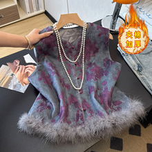 国风夹棉马甲提花外穿坎肩加厚加棉鸵鸟毛新中式女装冬装马夹背心