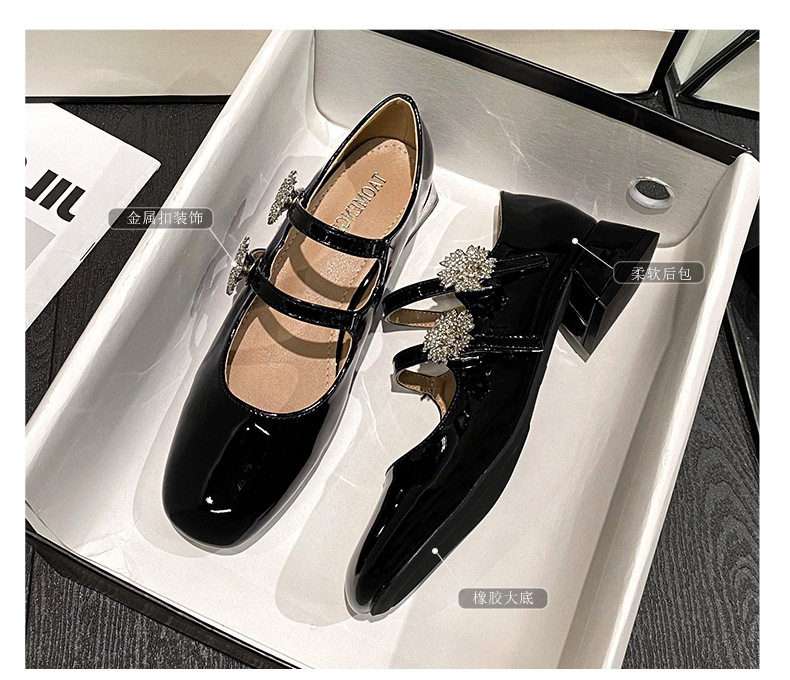Giày Mary Jane cao gót mũi vuông đính đá hoa, gót thô 3–6 cm — Màu hồng nude, Màu đen chi tiết 4