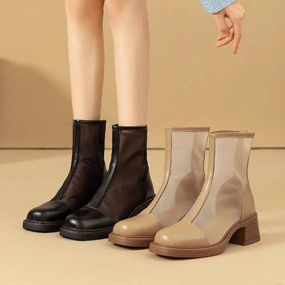 Mesh Boots Women's Summer Hollow Out Ankle Boots Soft Leather Mesh Gough Heel Sandals Breathable Martin Boots 2025 New Black Boots