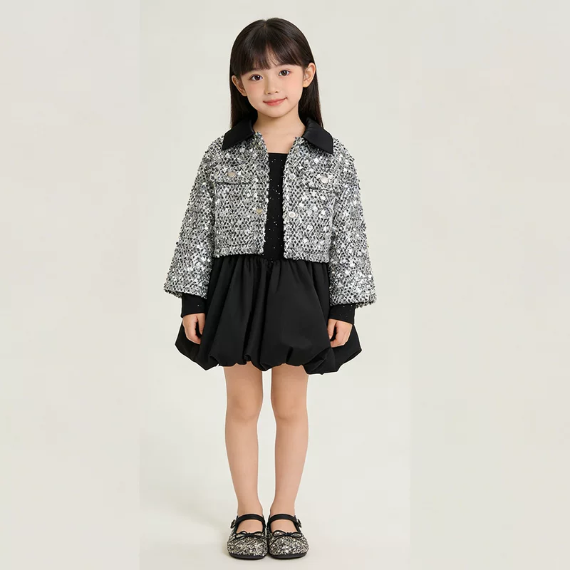Комплект, осенняя детская куртка, ногти с люрексом, платье, стиль Chanel