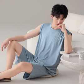 男士睡衣夏季莫代尔棉绸背心家居服简约薄款加大码无袖可外穿套装