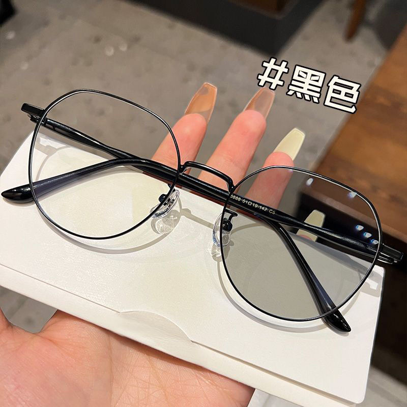 女性用多角形インスタイル色変化メガネ、ネット有名人、高見え学生、ブルーライトカットフラットメガネ、無地メガネフレーム|undefined