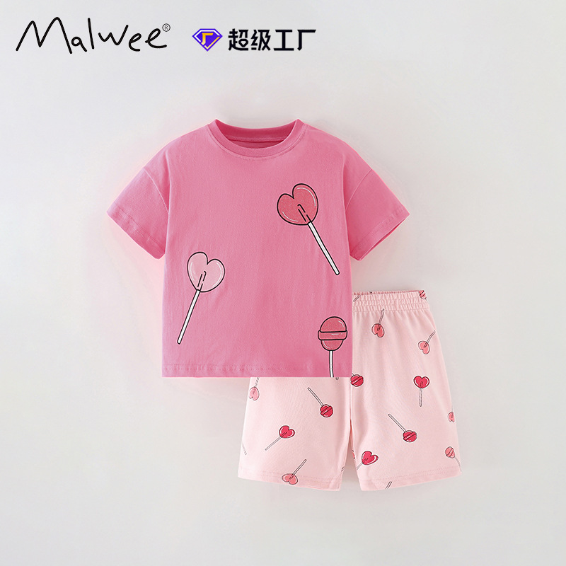 Malwee niñas traje verano nuevo europeo y americano medio y niños pequeños estilo occidental impreso casual pantalones de manga corta conjunto de dos piezas