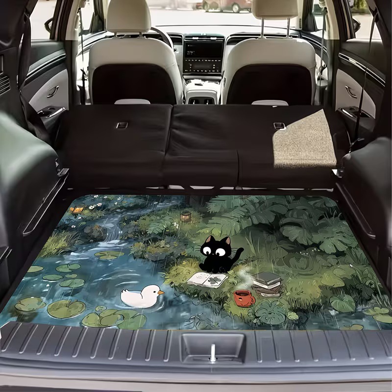 Cross-Border Square Rubber Floor Mat for Car Trunk with Cartoon Cat, Dog, and Mushroom Designs, Foldable, Machine Washable, Printed