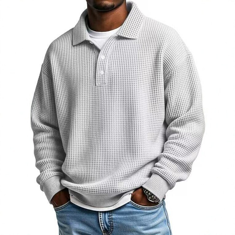 Autumn and Winter New Men's Waffle Long-Sleeved Polo Shirt American Retro Loose Long-Sleeved Casual Cross-Border Hot-Selling Men's Clothing