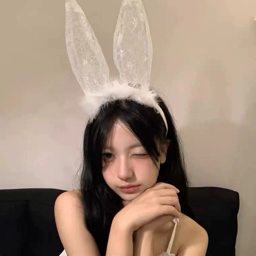 Headband Red Rabbit Lace Ears, Handmade Hair Accessory, High-Quality Graduation Party Style