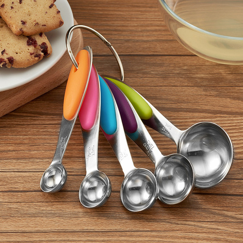 Set of 10 stainless steel measuring spoons, cups, and scoops with dual markings, Set of 5 colorful measuring spoons, Baking tools