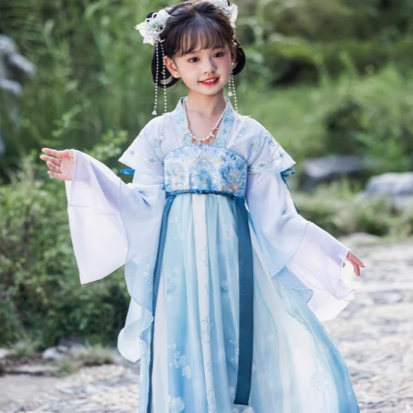 Девушки синий улучшенный китайский костюм элегантная юбка супер сказочный костюм весной и летом