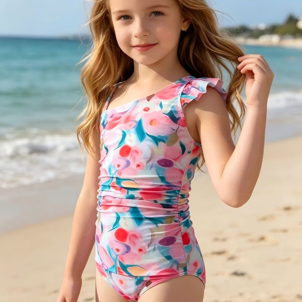Novo estilo retrô, delicado, macacão de banho para o verão, com estampa de pintura a óleo e design plissado, para meninas de 3 a 7 anos._voghion.com