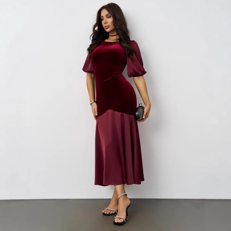 Velvet Evening Dress Short-Sleeved Velvet Long Dress Velvet Evening Dress Short-Sleeved Velvet Long Dress