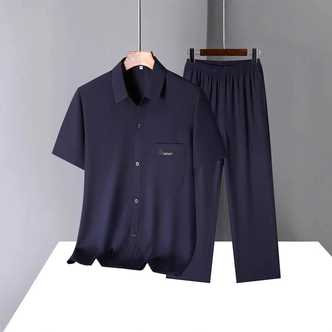 Летний тонкий мужской костюм, рубашка с короткими рукавами для среднего и пожилого возраста, мужская свободная рубашка для дедушки, летний костюм-двойка для папы