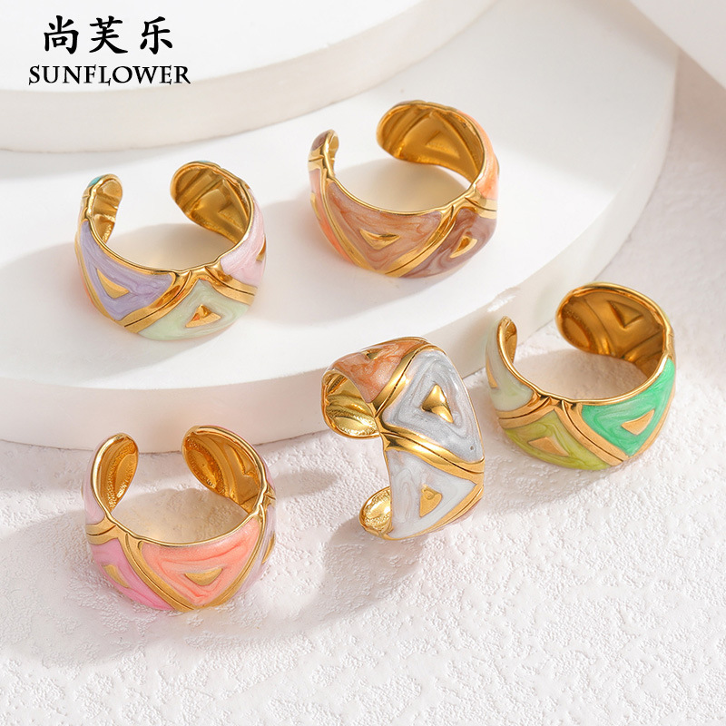 European and American Cross-Border Irregular Striped Enamel Open Ring with a Vintage Vibe and High-End Feel, Colored Glaze Macaron Ring
