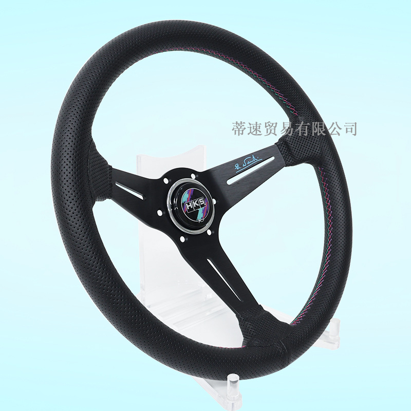 Cross-Border Best-Selling Hks Classic Quick-Release Steering Wheel, Large Concave 14-Inch 350mm Three-Color Stitching Genuine Leather Racing Steering Wheel