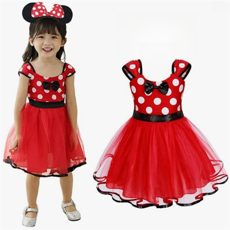 Cross-Border New Mickey Minnie dress children's Mickey Mouse fluffy gauze skirt bow dot red children's skirt