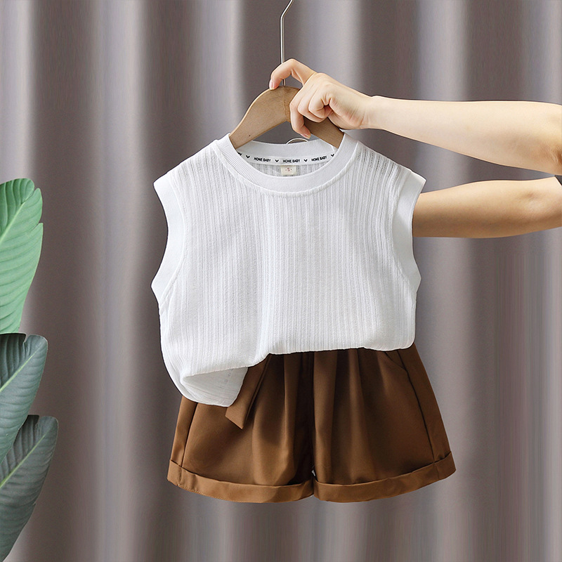 7390 Traje de verano para niños 2025 Nuevo chaleco a rayas sin mangas para niños Verano delgado Versión coreana de dos piezas Verano