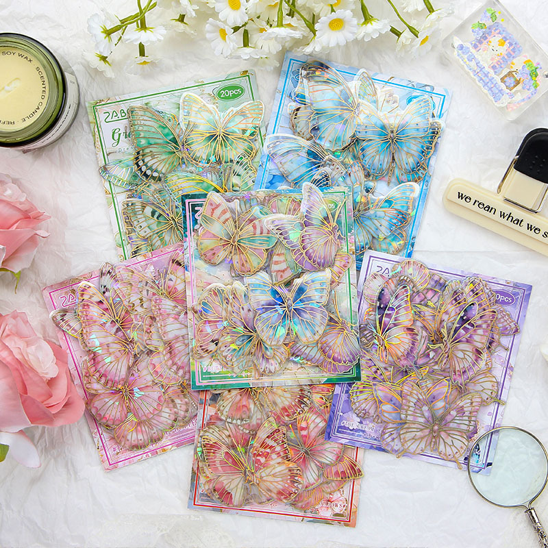 Dream Butterfly Shadow Dance Laser estampado pegatinas paquetes transparentes impermeables pegatinas de mano pet pegatinas de mariposa retro transfronterizas