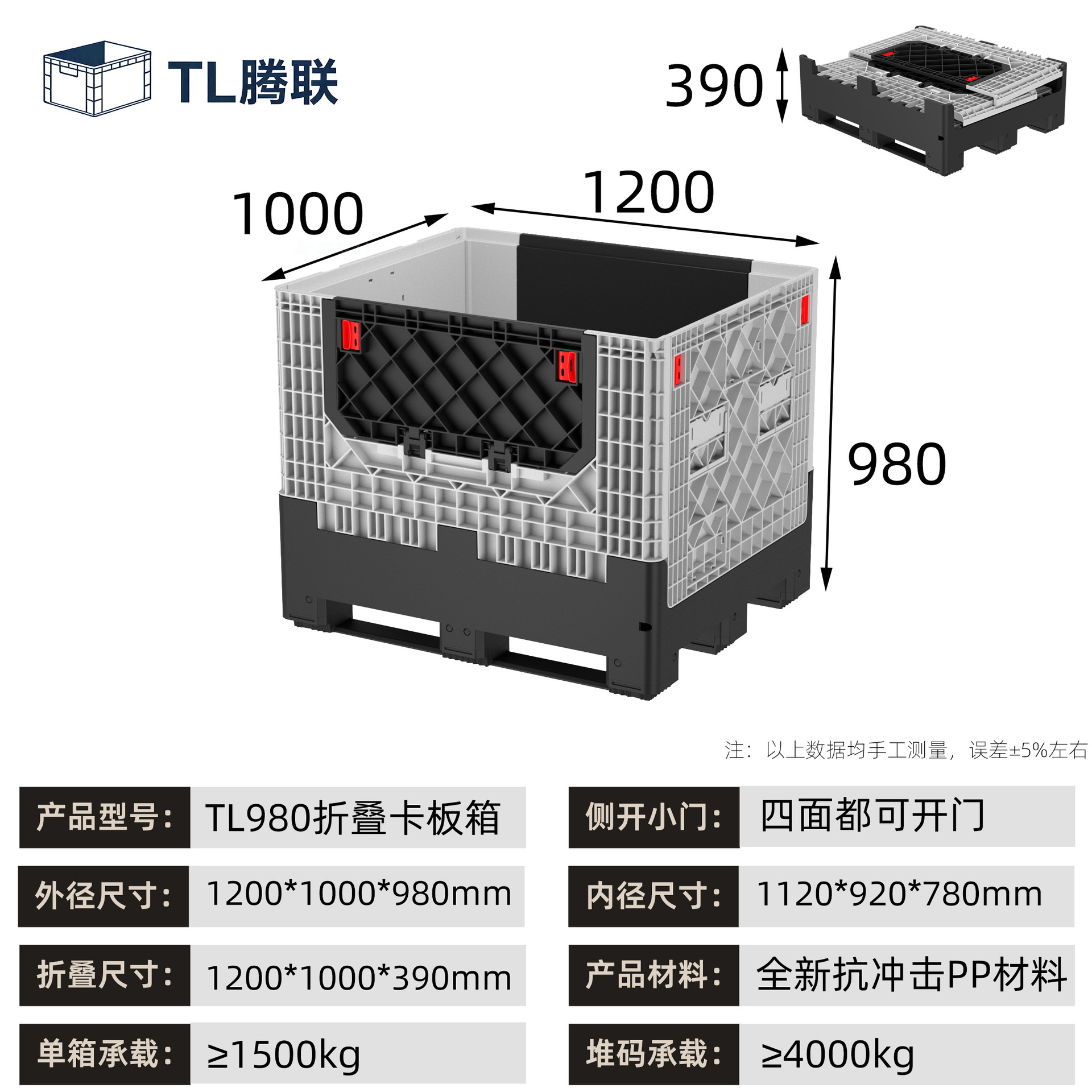Gran caja de rotación de plástico de carretilla elevadora, caja de cartón de puerta lateral abierta, caja de cartón plegable de logística de transporte industrial de automóviles
