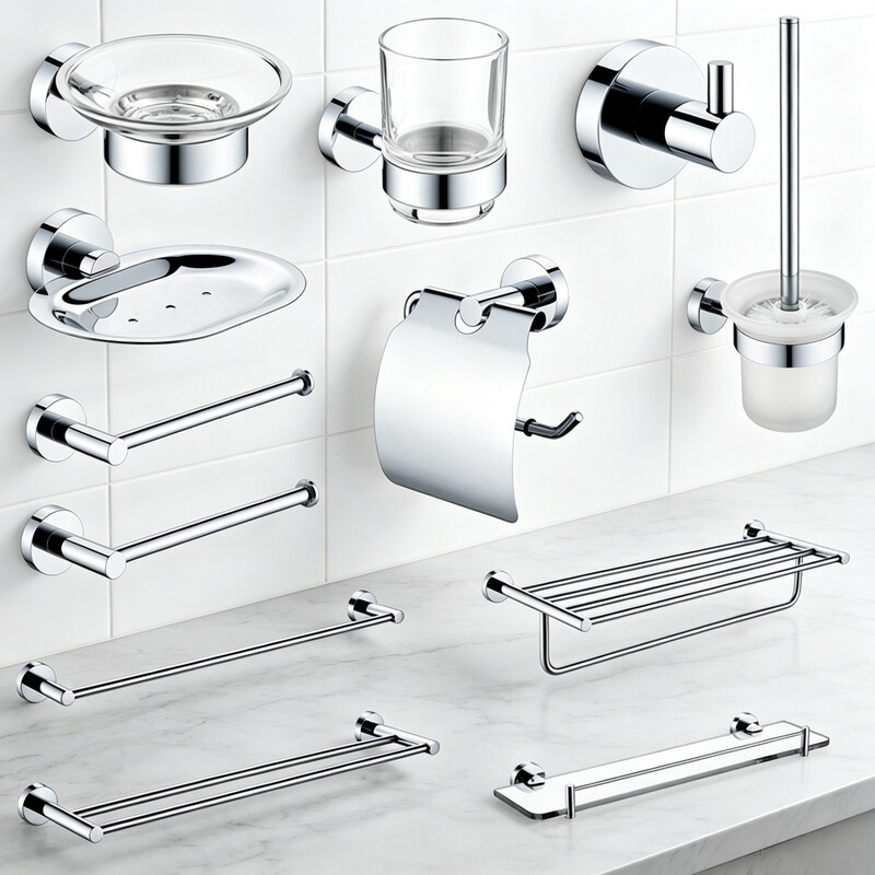 Cross-Border In-Stock 304 Stainless Steel Polished Bathroom Accessories Set: Towel Rack, Single Rod, Double Rod, Clothes Hook, Single Cup Holder, Single Dish Holder Cross-Border In-Stock 304 Stainless Steel Polished Bathroom Accessories Set: Towel Rack, Single Rod, Double Rod, Clothes Hook, Single Cup Holder, Single Dish Holder