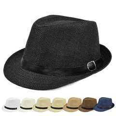 Solid color jazz hat for men and women summer linen sun hat small hat sun protection hat outdoor belt buckle straw hat cowboy hat