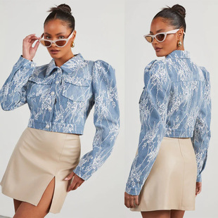 2024 Spring Foreign Trade European and American Independent Station Cross-Border Fashion Casual Loose Floral Lace Denim Jacket 16802