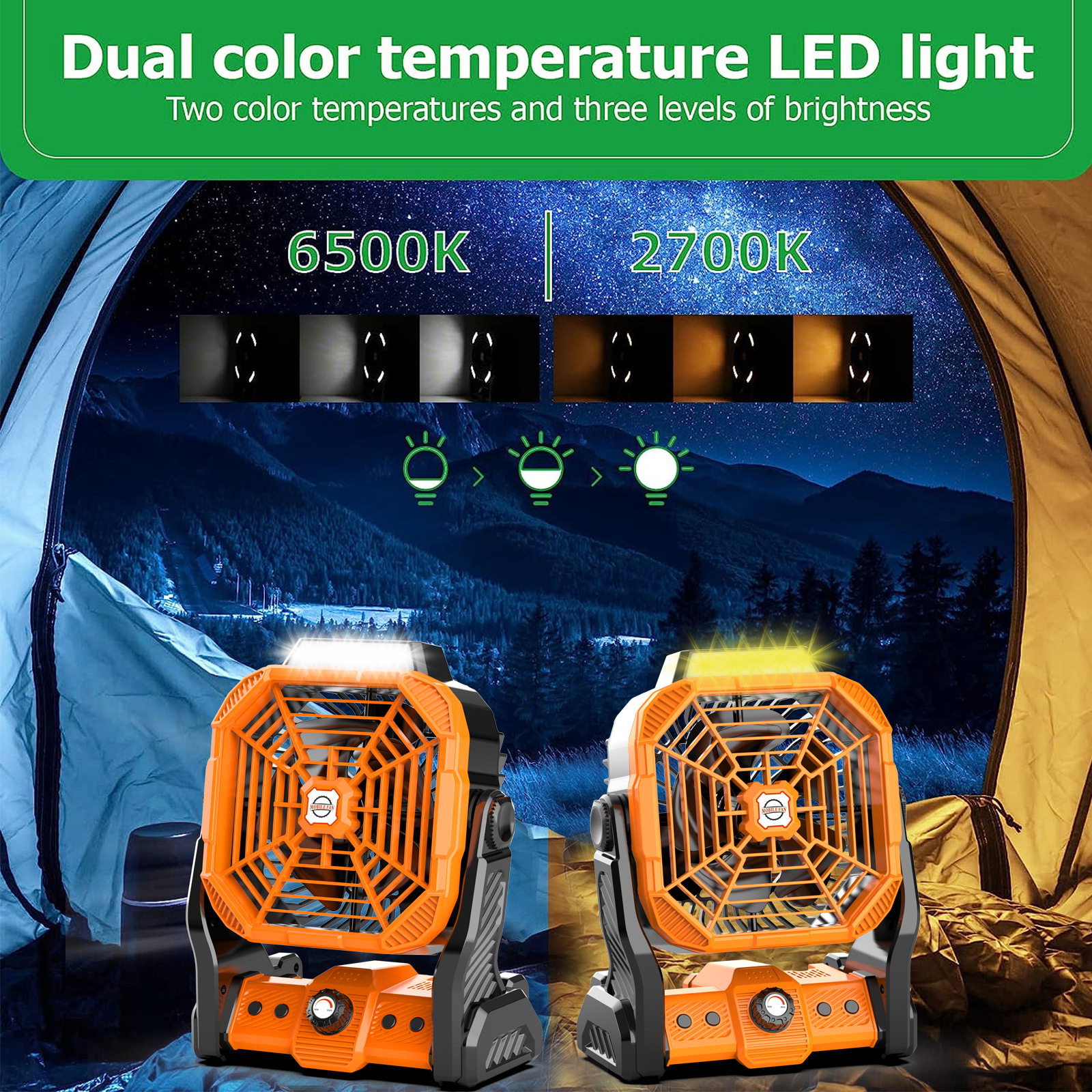 Ventilador con Luz para Acampar Recargable de Larga Duración para Mesa y Exteriores