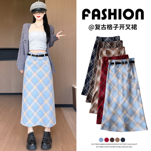 Woollen A-line maxi skirt, autumn-winter retro 2026 new style women's versatile high-waist slimming gingham semi-skirt