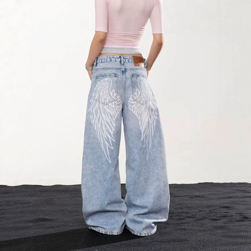 Early autumn versatile American retro street style wing print wide-leg jeans for women, loose fit, washed light blue, long length Early autumn versatile American retro street style wing print wide-leg jeans for women, loose fit, washed light blue, long length