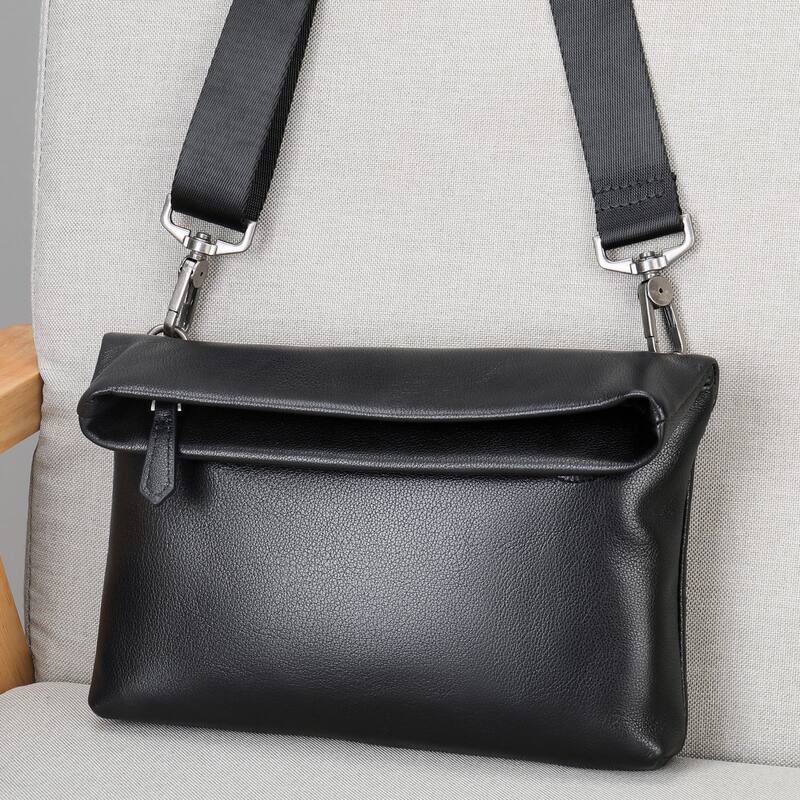 Túi đeo chéo nam da bò thật Malute mềm mại, kiêm túi clutch cầm tay, chống thấm nước — Màu đen
