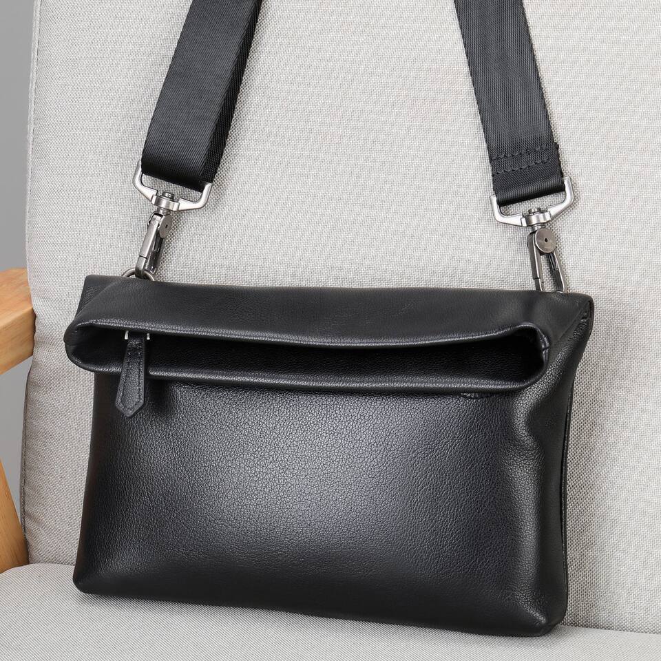 Túi đeo chéo nam da bò thật Malute mềm mại, kiêm túi clutch cầm tay, chống thấm nước — Màu đen