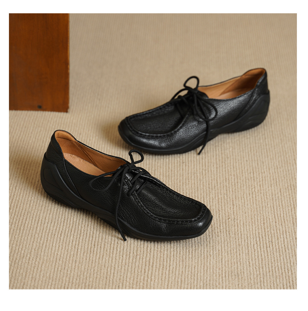 Giày lười nữ mũi vuông da cừu mềm phong cách DeTrain vintage, đế bệt buộc dây — màu nâu chi tiết 12