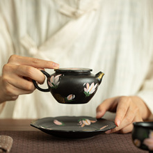 纯手绘黑陶素墨百合茶壶泡茶壶描金品茶壶陶瓷茶具家用精致功夫茶
