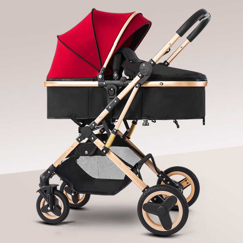 Coche de bebé se puede sentar y acostar en dos direcciones, 0 - 3 años de edad, ligero y plegable con un botón para bebés recién nacidos, cuatro ruedas antichoque