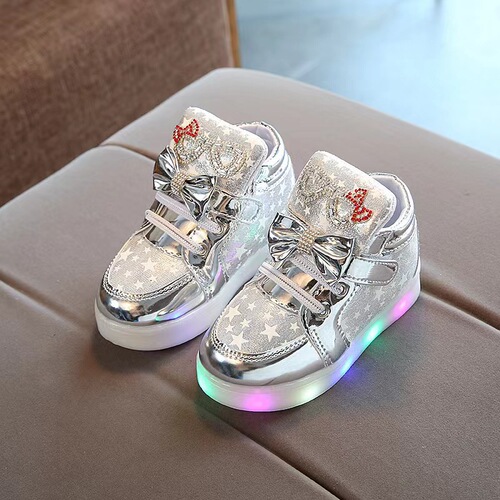 Children's Glitter Flash Shoes Spring and Autumn Girls Cartoon Boys Leather Surface Breathable Light-Up Running Shoes Trendy Learning Step Shoes