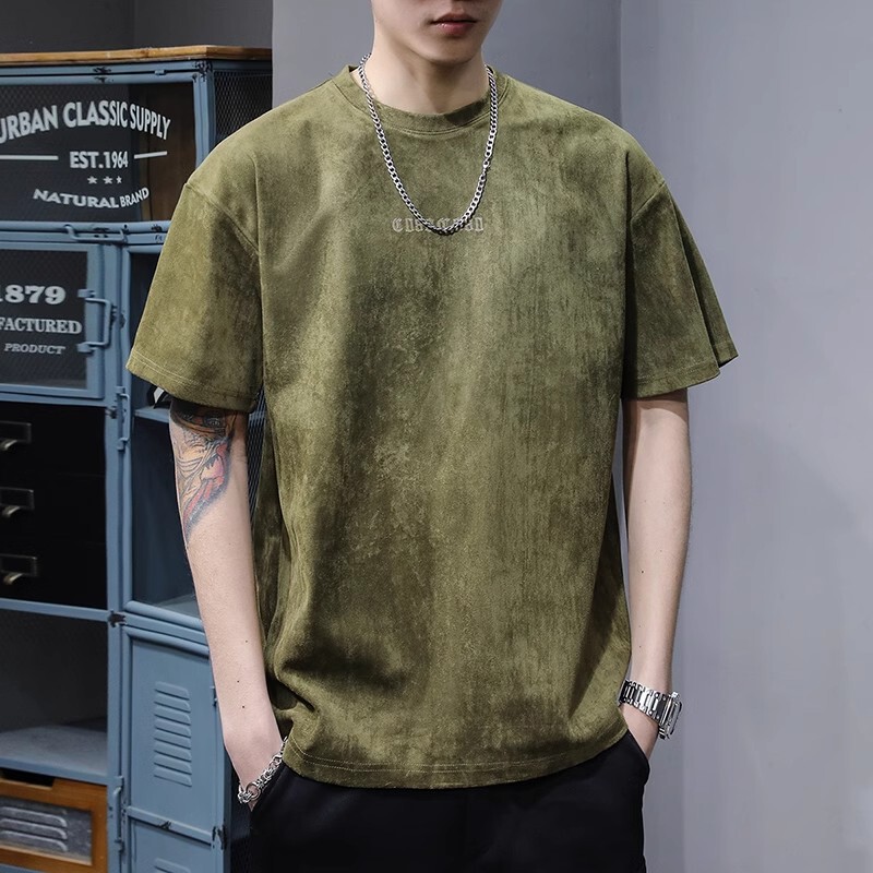 American Style Retro Heavy Suede Short-sleeved T-shirt Men's Loose plus size Half-sleeved Top Summer Trendy Brand Plankton Handsome T-shirt