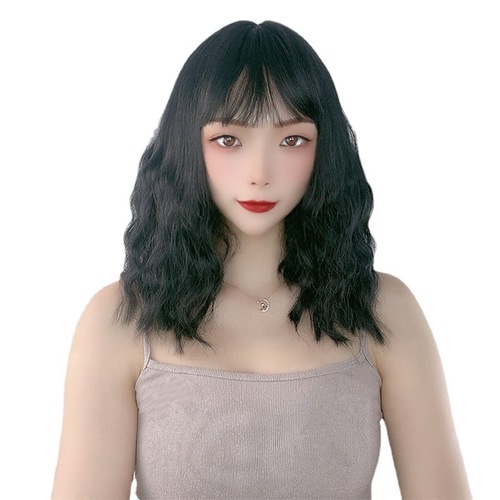 Wig female blue gray short curly hair Internet celebrity air bangs playful and cute egg roll head natural realistic short hair set