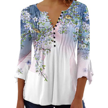 女士V领中袖压褶纽扣T 恤打底衫欧美春夏新款大码女装花卉3D印花