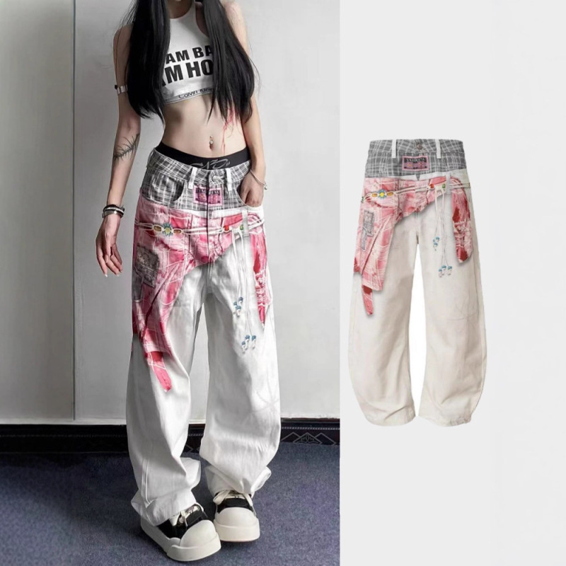 3D Digital Printed Ethnic Style Fake Shirt Spliced with Jeans for Women, Spring and Autumn Trendy Hip-Hop Personality Loose Casual Pants