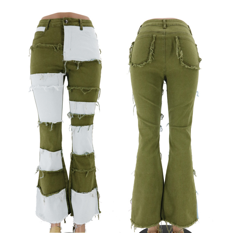 Europa y Estados Unidos 2025 otoño nuevo estilo Amazon moda contraste color película cintura alta cadera cuerno apretado pantalones de mezclilla para mujer
