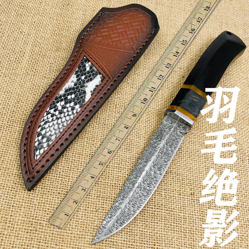Sombra patrón de plumas pequeño cuchillo recto de alta dureza de acero de Damasco acampar al aire libre autodefensa cuchillo de supervivencia cuchillo de colección
