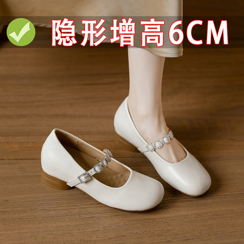 Factory Direct Sales Wholesale Small Invisible Inner Heightening 6cm One-Leg Thick Heel Medium Heel Flats Shallow Mouth Mary Jane