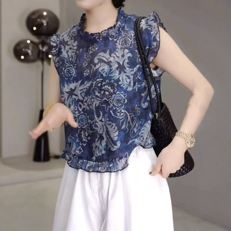 Factory Direct Sale 26 Summer Fashion Ink Print Ruffle Sleeveless Shirt for Women, Age-Reducing Slimming Tank Top Trendy