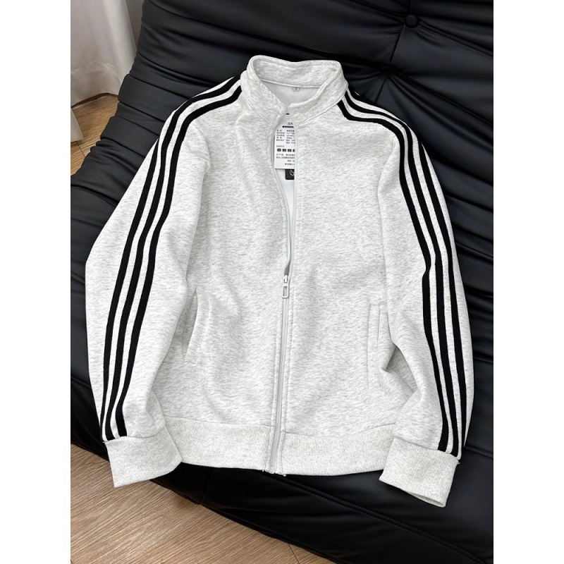 Black Retro Striped Patchwork Men's Stand Collar Cardigan Sweatshirt American Trendy Couple Top Casual Spring Jacket