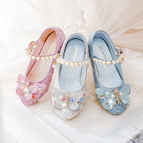 Children's princess shoes, high-heeled shoes, kids' single shoes, butterfly crystal shoes, baby leather shoes, autumn ballet shoes, little princess