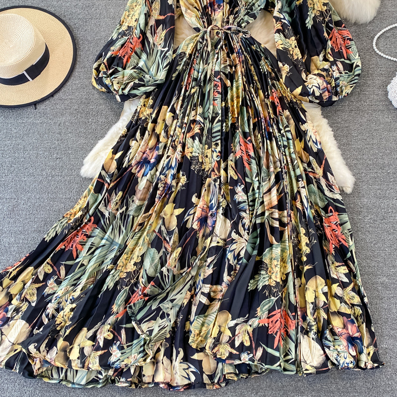 Vêtements pour femmes Automne col rond ample mince à manches longues imprimé satin simple boutonnage robe plissée élégante légère luxe longue jupe_voghion.com