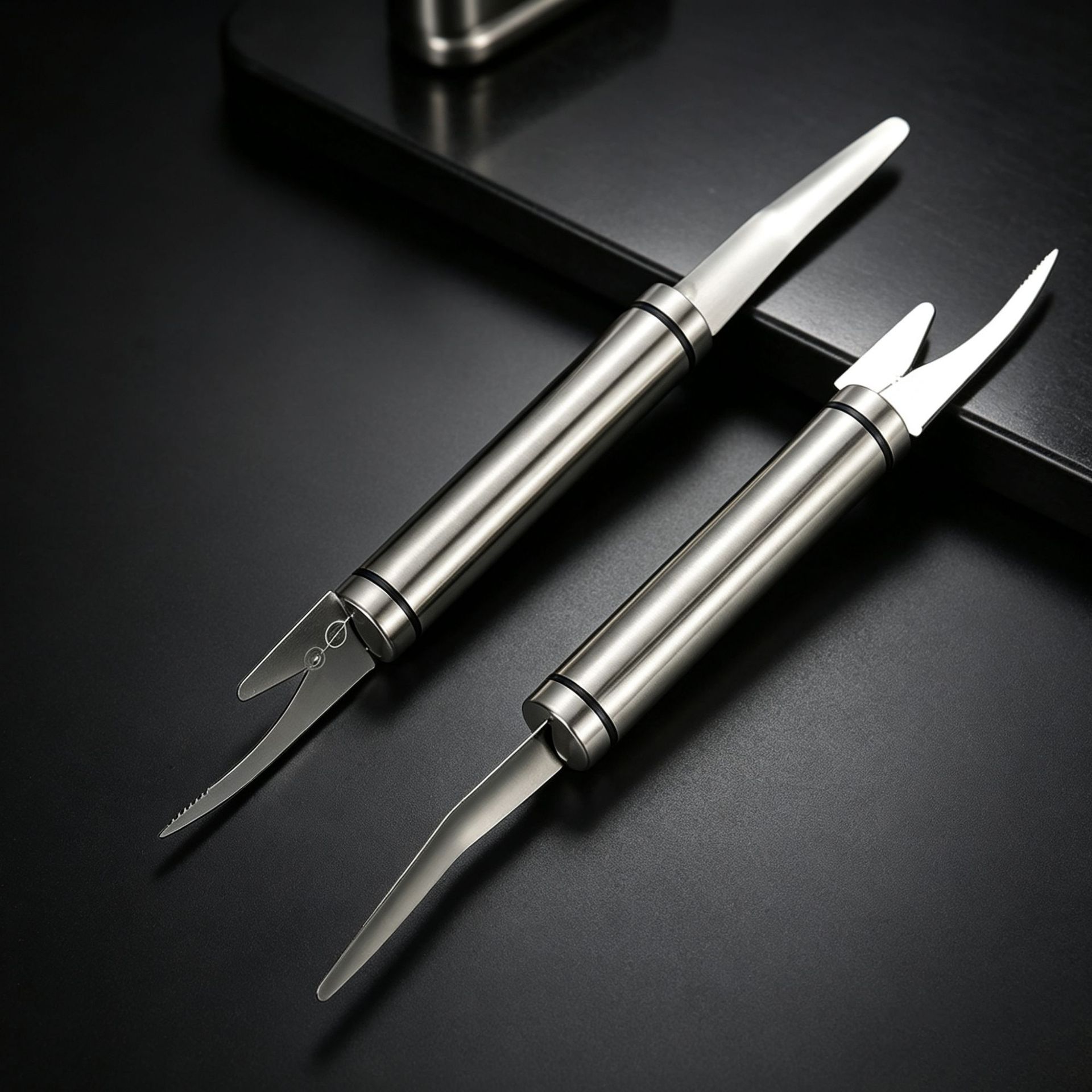 Shrimp deveiner, multi-functional kitchen tool, stainless steel, double-ended, for removing shrimp veins, peeling shrimp shells, prying open oysters, and scraping fish scales