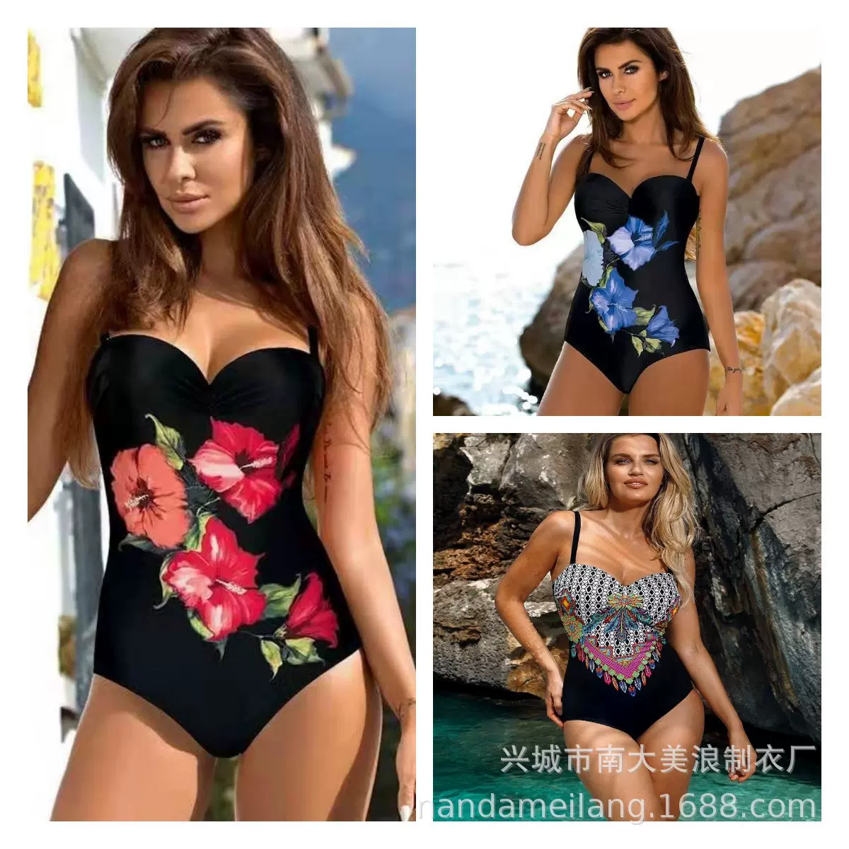 2022游泳衣女式欧美聚拢泳衣女连体泳装大码印花泳装专业连体性感
