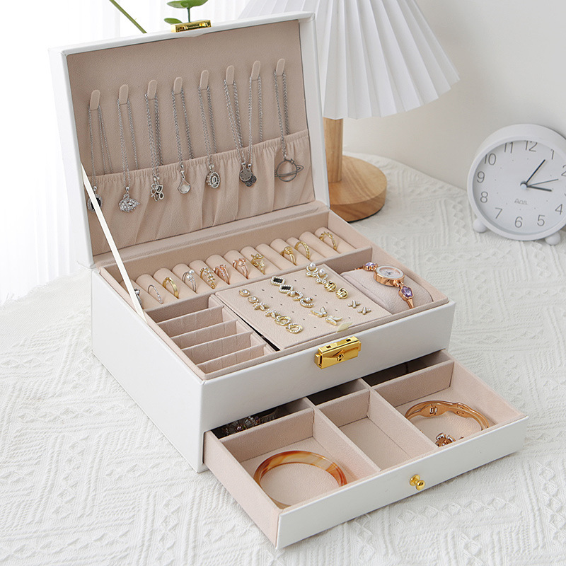 Cajón de doble capa caja de joyería de cuero luz pendientes de lujo caja de almacenamiento de joyería pendientes con cerradura caja de joyería